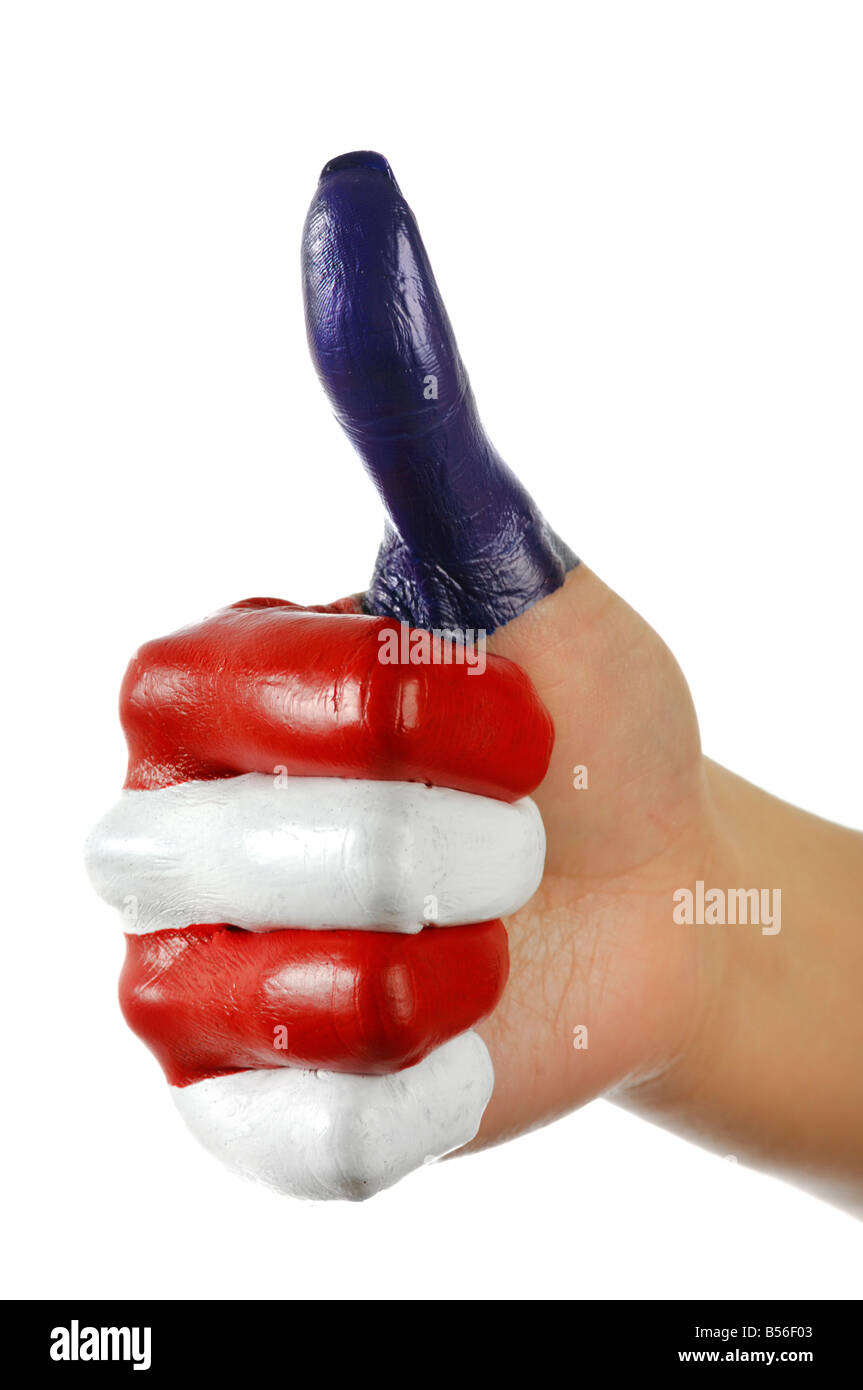 Hand painted in colors of American national flag showing thumbs up gesture Stock Photo