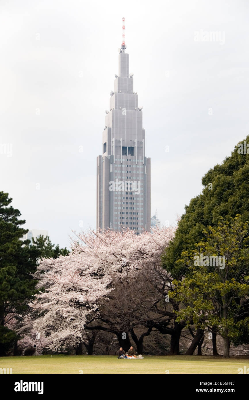 Cherry blossoms and the NTT DOCOMO Yoyogi Building, Shinjuku, Tokyo Stock Photo