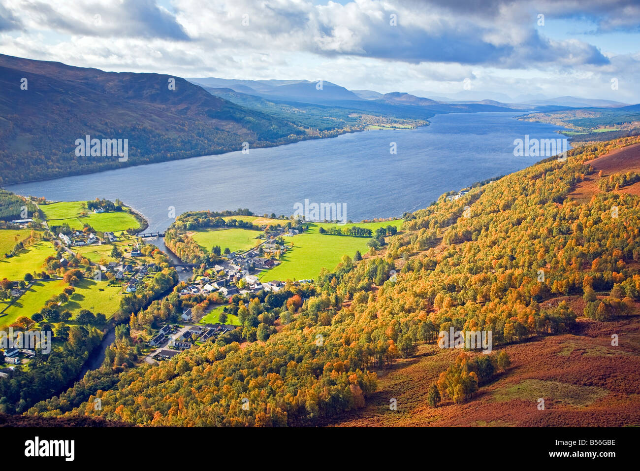 The village of Kinloch Rannoch and Loch Rannoch in the autumn viewed