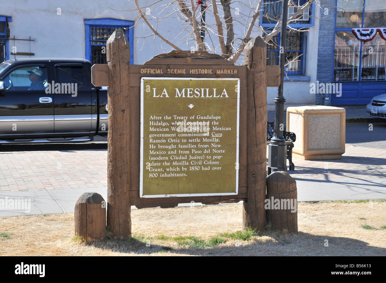 A Historic Marker on the Plaza at La Mesilla, New Mexico Stock Photo