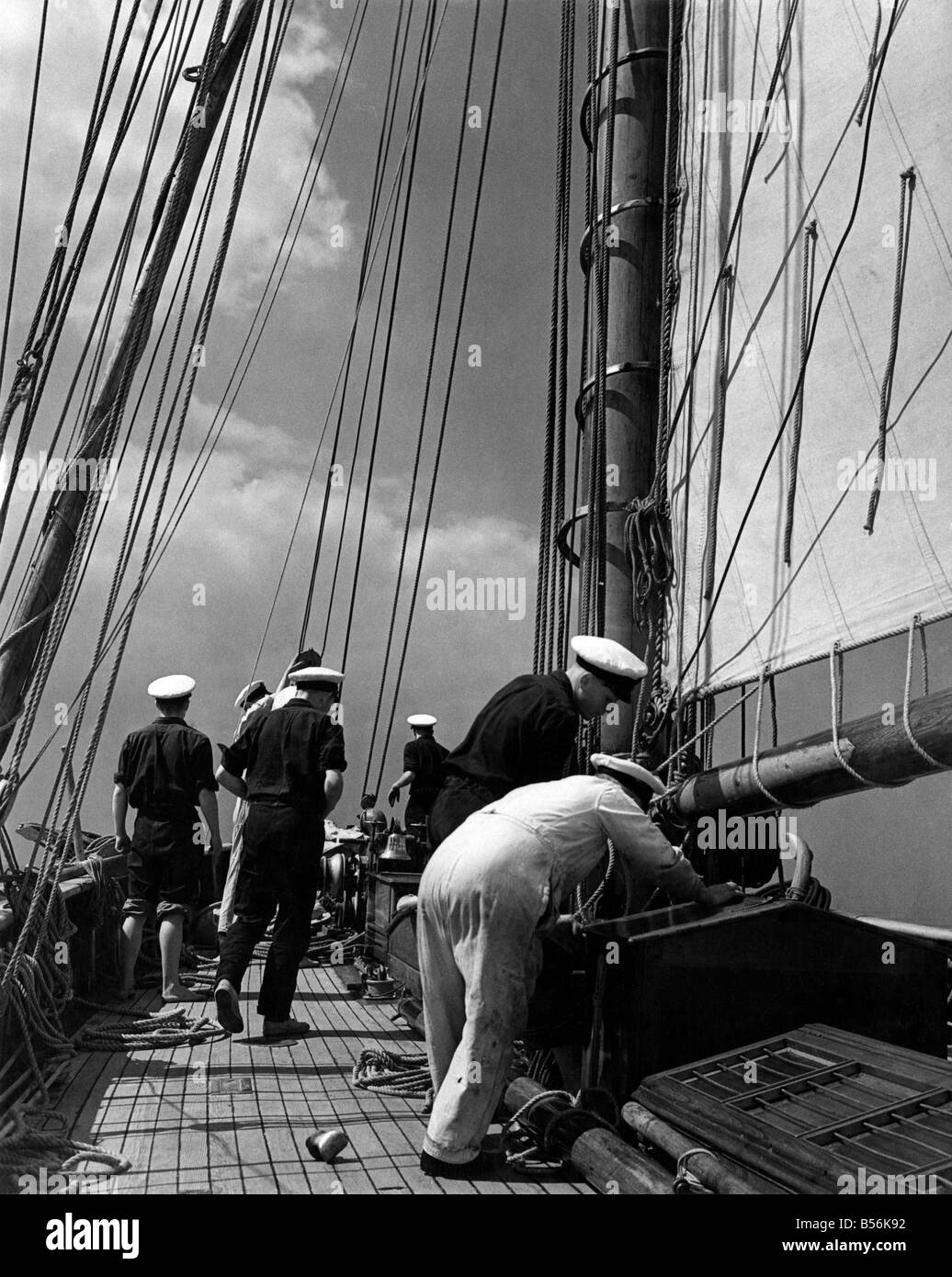 Preparing to set the staysail. May 1948 P009230 Stock Photo