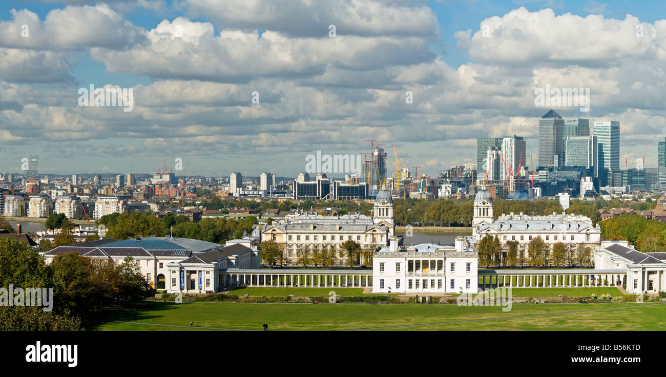 Horizontal elevated panoramic of Queen's House, Royal Naval College and the National Maritime Museum in Greenwich Park. Stock Photo