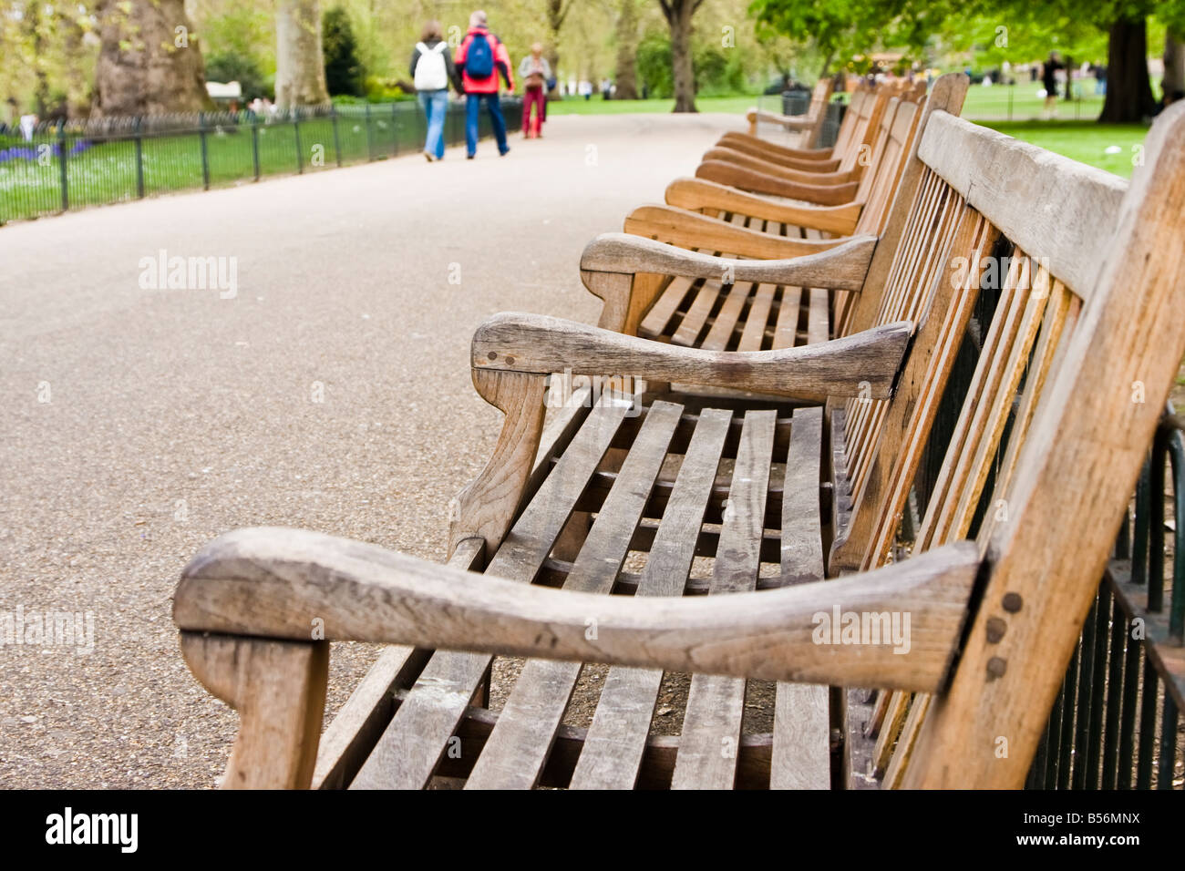 Empty wooden benches in the park Stock Photo - Alamy