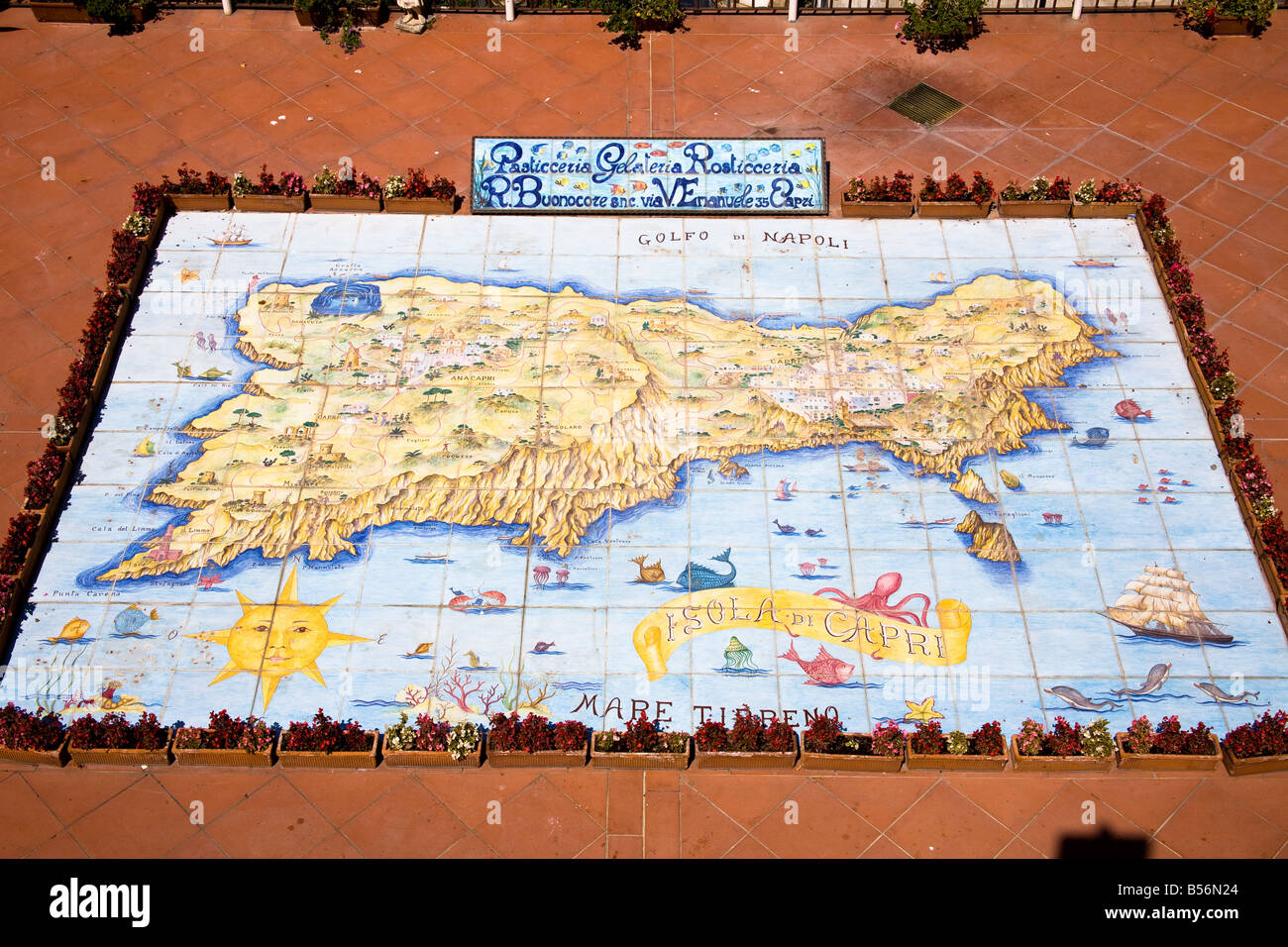 Map of Capri made from ceramic tiles, on a balcony, Capri, Italy Stock Photo