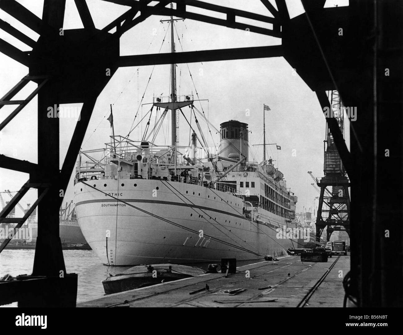 The S.S. Gothic with steam up this afternoon ready for to-nights cast off from the King George V Dock. November 1953 P009584 Stock Photo