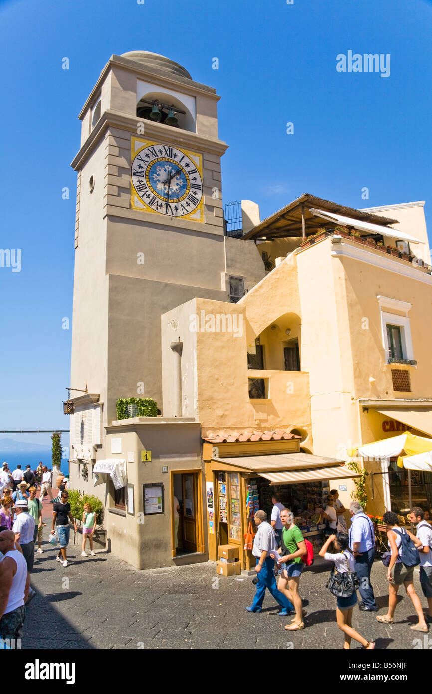 Tourists and clock tower, Piazza Umberto, Capri, Italy Stock Photo