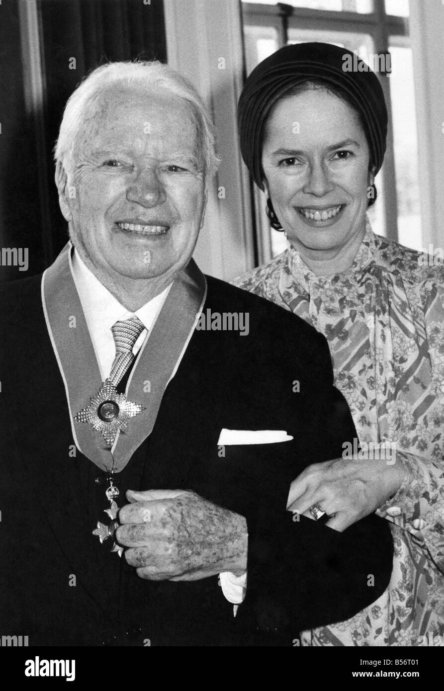 Sir Charles and Lady Cona Chaplin when he received his knighthood from the Queen. &#13;&#10;April 1975 &#13;&#10;P010038 Stock Photo