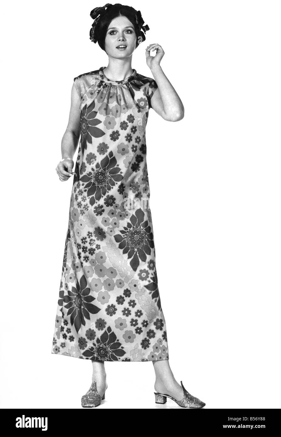 Reveille Fashions: Anabella Jones modelling full length dress. May 1969 P008469 Stock Photo