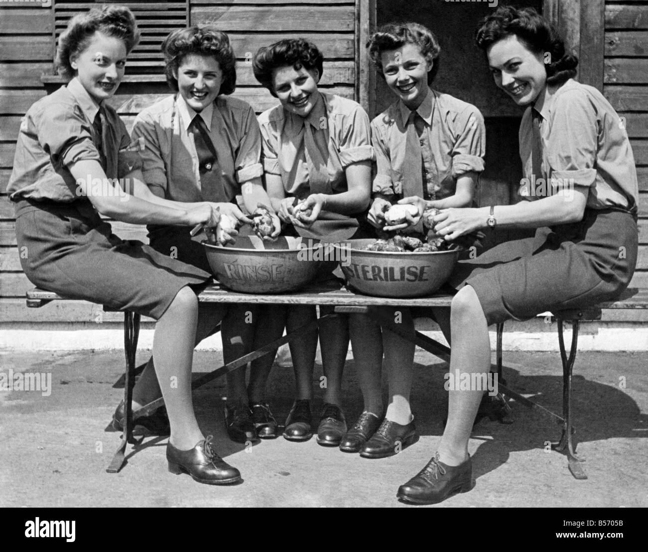 World War II Women. A Beauty Competition was held in a local Cinema Hall to find a Queen for the Holiday Fete. Five A.T.S. members of North London, A.A. Battery reached the semi finals. Two A.T.S. and a civilian are now left for the final choice tomorrow. L to R, Pte. M. Parker. Cpl Mabs Skidmore. Pte. H. Hawes. L Cpl B Shaw. and Pte J Wilkins. August 1944 P010172 Stock Photo