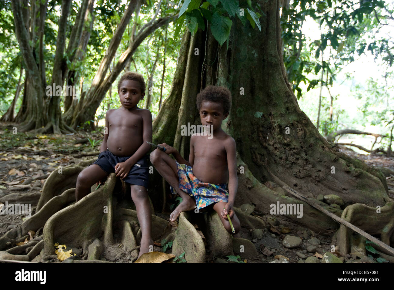 Young children in Bain village in the Cape Orford logging concession, East New Britain Island, Papua New Guinea Stock Photo