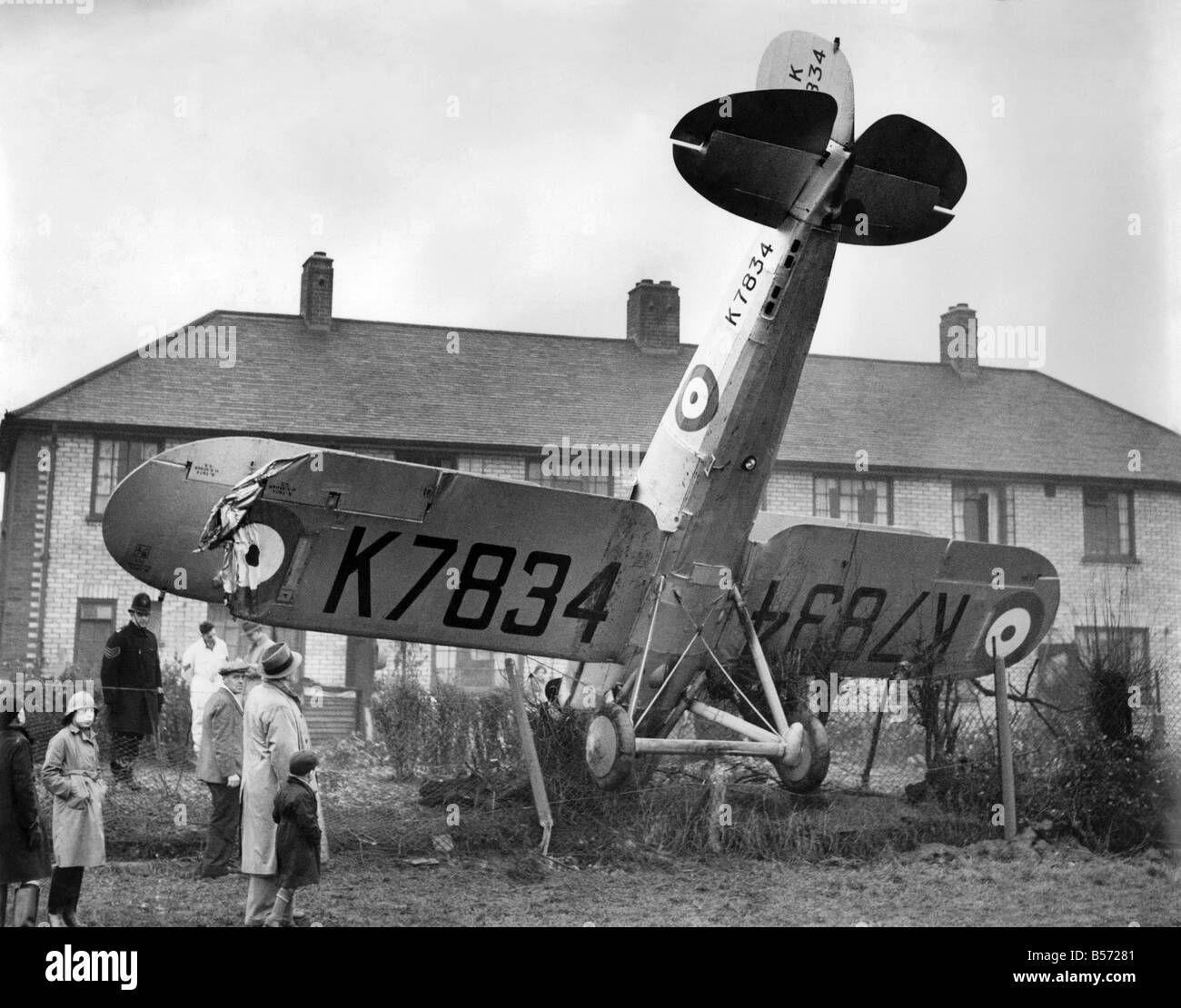 RAF crash in the back garden of a house in Barclay, Edmonton. The pilot was uninjured. He was flying from Kenley to Digby in Lincolnshire. ;December 1937 ;P004345 Stock Photo