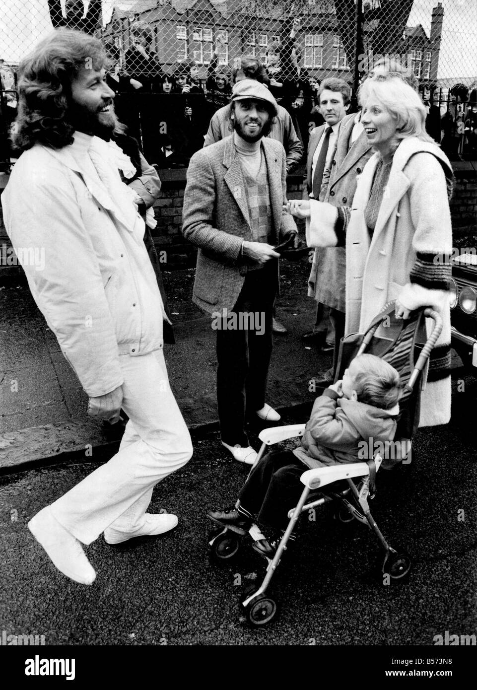 Bee Gees - Exclusive. After 24 years the Bee Gees, Barry, Robin and Maurice Gibb go back to their roots in a suburb of Manchester. November 1981 P003741 Stock Photo
