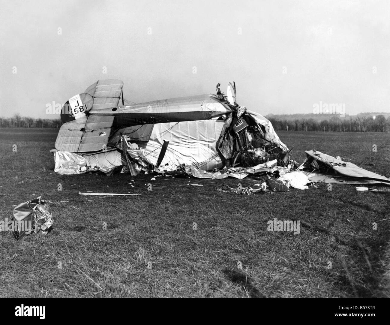 Fatal Aeroplane Crash..... Wreckage of the R.A.T. plane which crashed in a field near Hitchin Herts. yesterday. Flight Lietuennant Frank Jezzard was fatally hurt and C.J. Hooper was hurt....233-28.P003925 Stock Photo