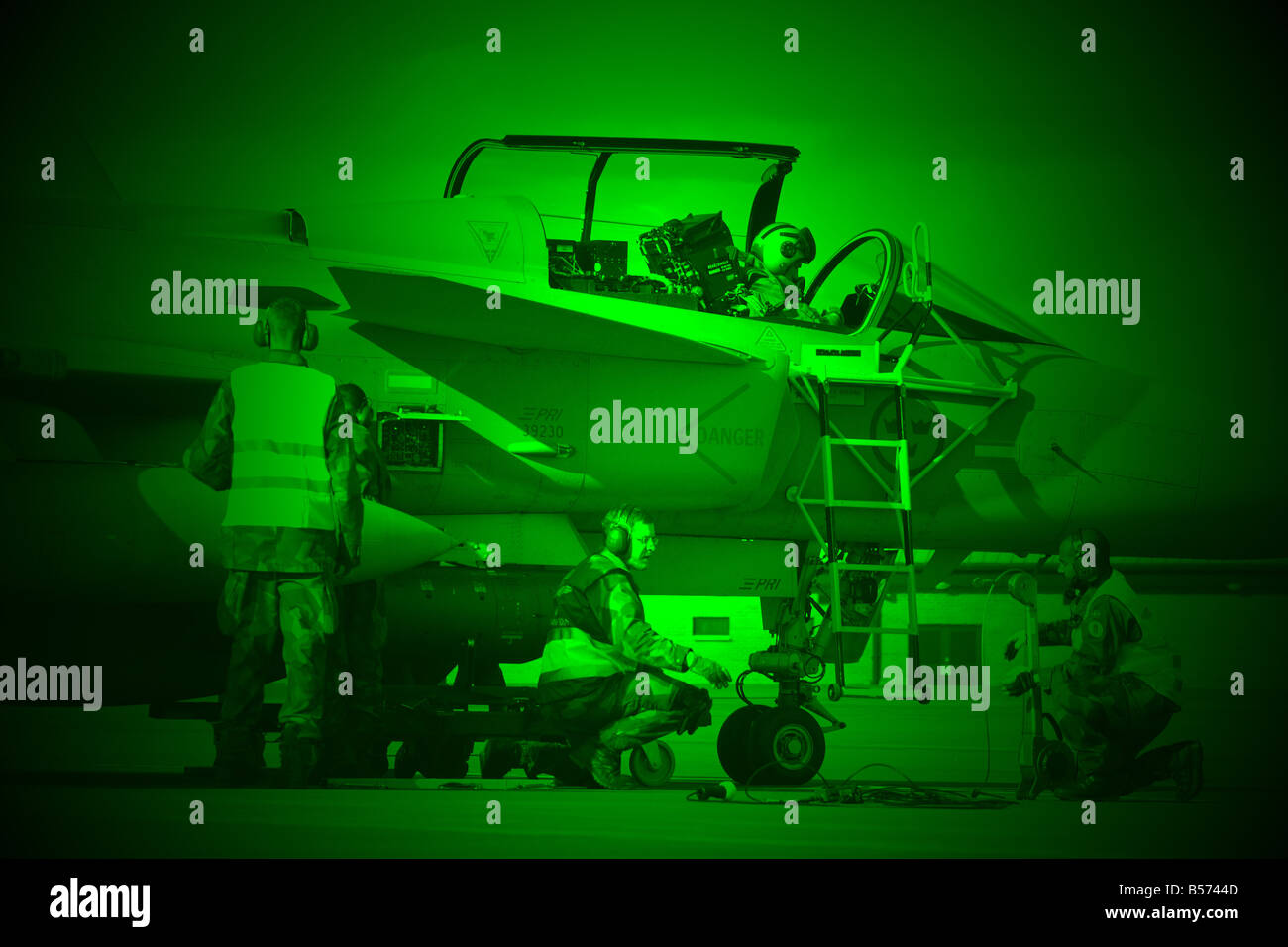 Night Vision goggle sighting device military spying concept with jet fighter plane and air force ground crew Stock Photo