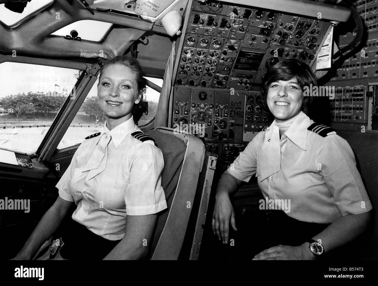 Girl Pilots... Valerie Walker (left) and Cindy Rucker. Male colleagues aren't always so keen on them achieving parity in this land of equal opportunity. March 1980 P004570 Stock Photo