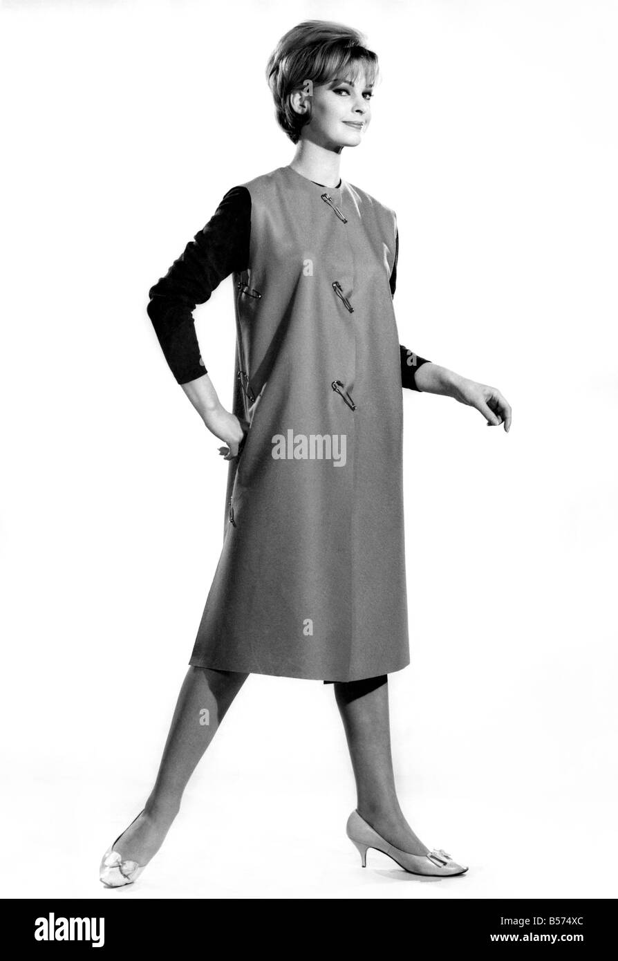 Reveille fashions 1962: Dawn Chapman modelling Safety Pin dress. January 1962 P008930 Stock Photo