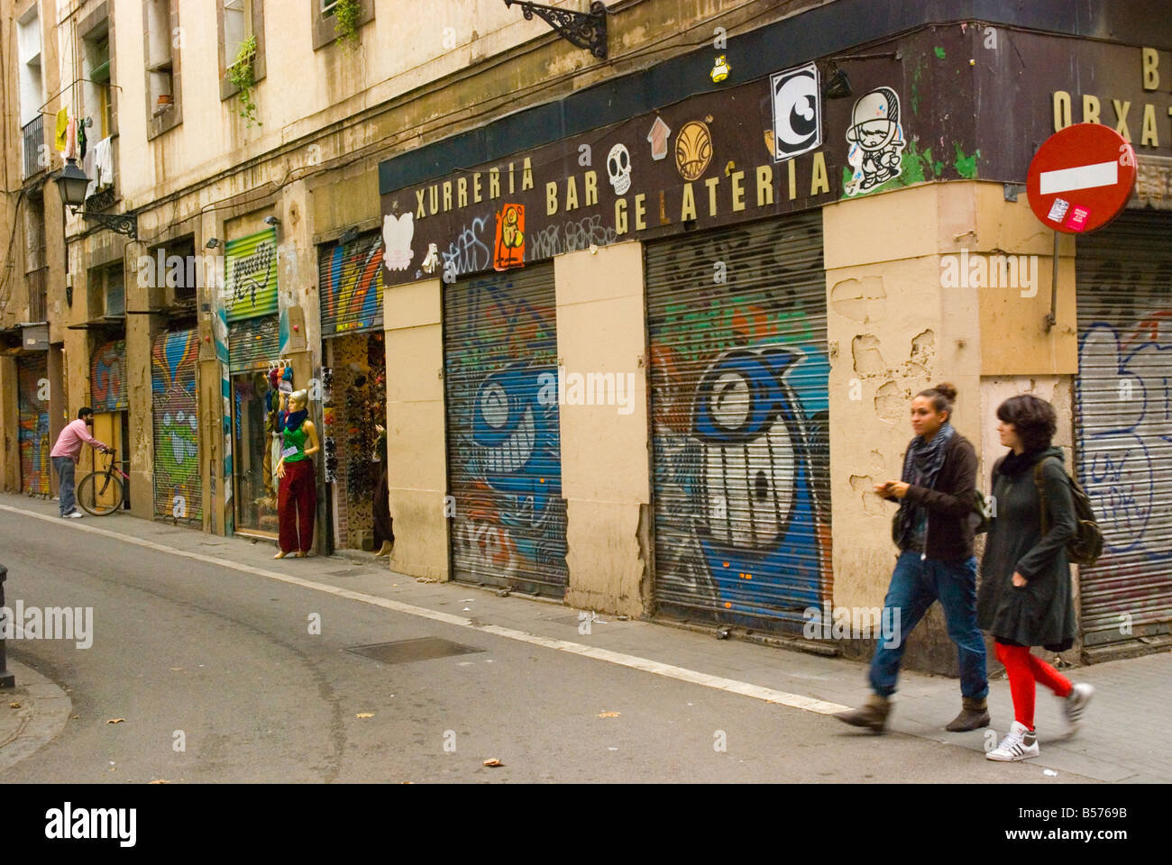 Street scene in El Raval district of Barcelona Spain Europe Stock Photo
