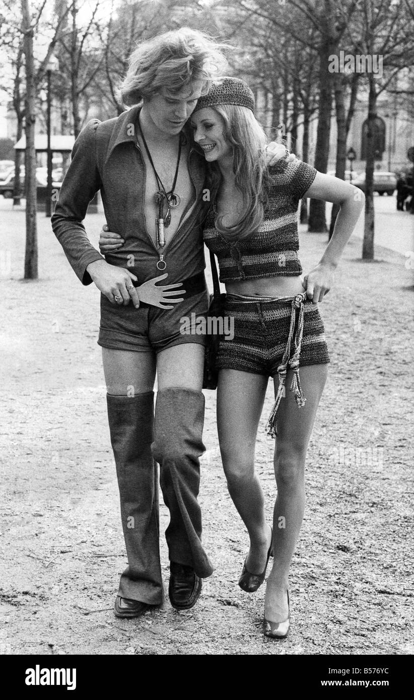 Paris Fashions 1971: British model Vicki Hodge wearing multi-coloured shorts, top and beret by Loris Azzaro (designer). The man Stock Photo