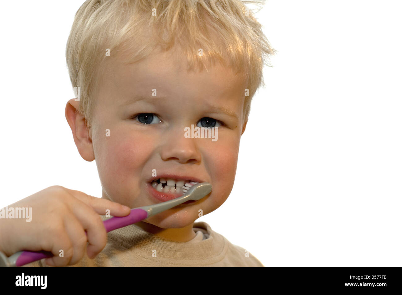Three year old brushing his teeth Stock Photo Alamy