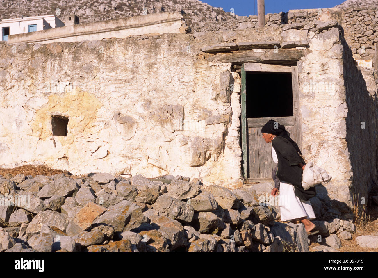 Greece, Dodecanese Islands, Karpathos, Avlona, greek woman wearing traditional clothes Stock Photo