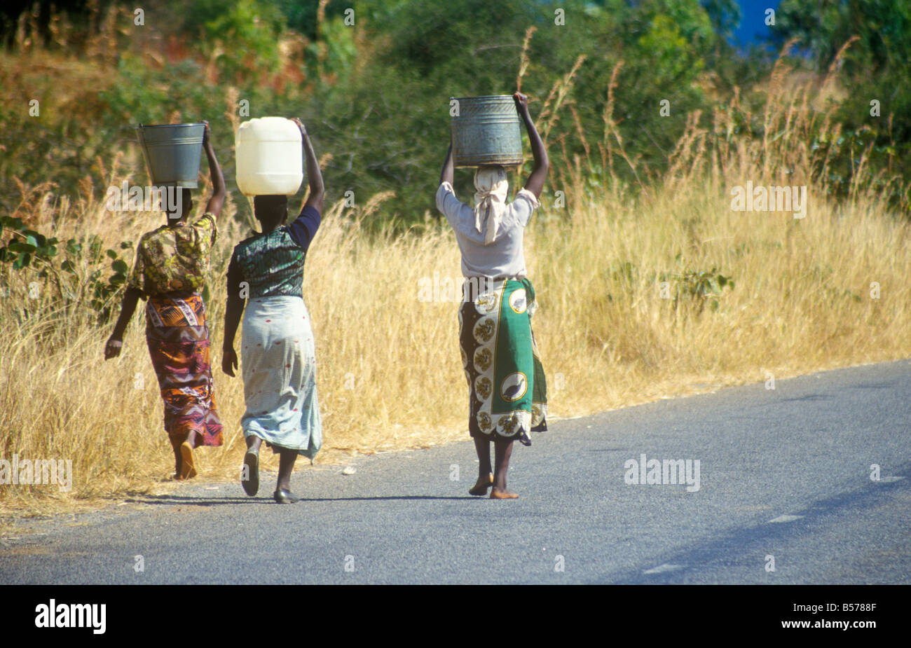 women carrying loads on their heads at Bwangu Mzimba, Malawi, Africa Stock Photo