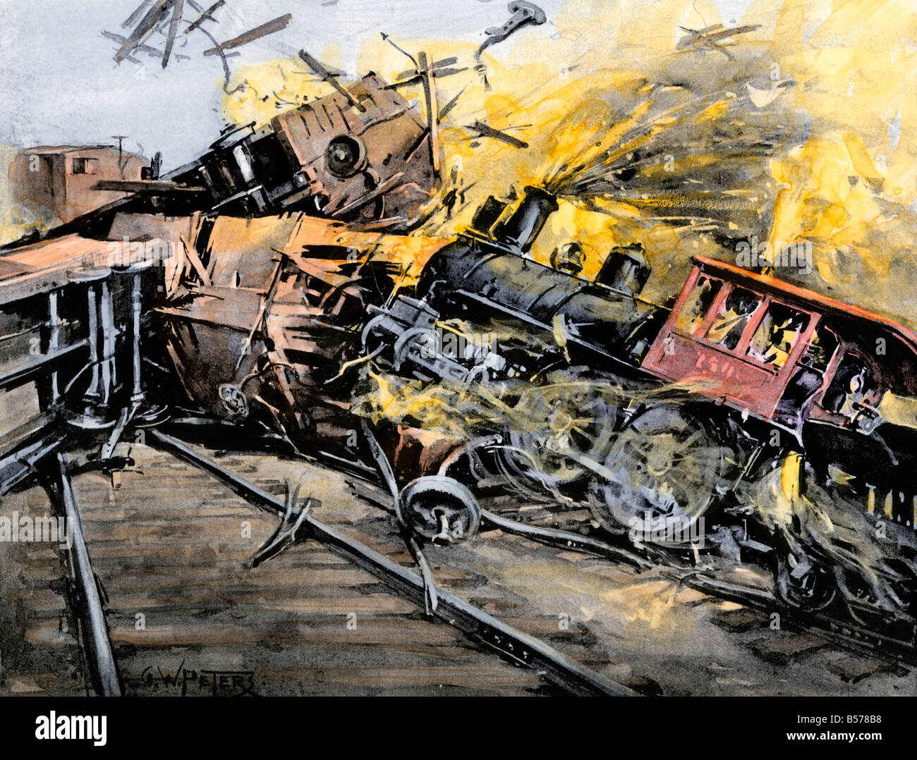 Freight cars and a locomotive wrecked by rioters during the Pullman Strike in Illinois1894. Hand-colored halftone of an illustration Stock Photo