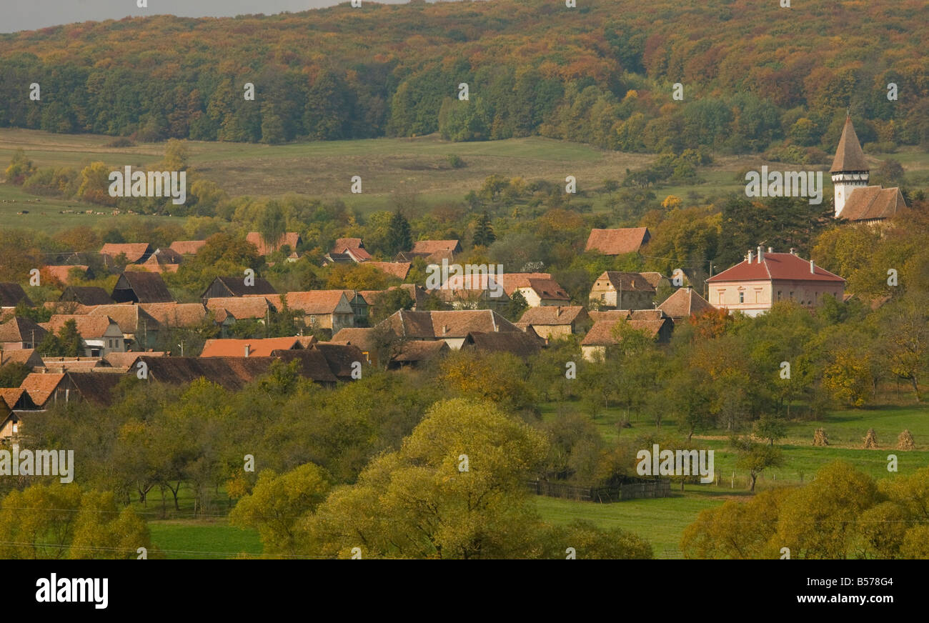 The ancient traditional village of Mesendorf or Meschendorf in autumn saxon villages Transylvania Romania Stock Photo