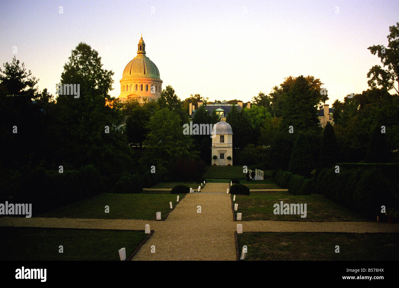 The historic Chapel at the United States Naval Academy as viewed from the William Paca Gardens outside of the Academy. Stock Photo