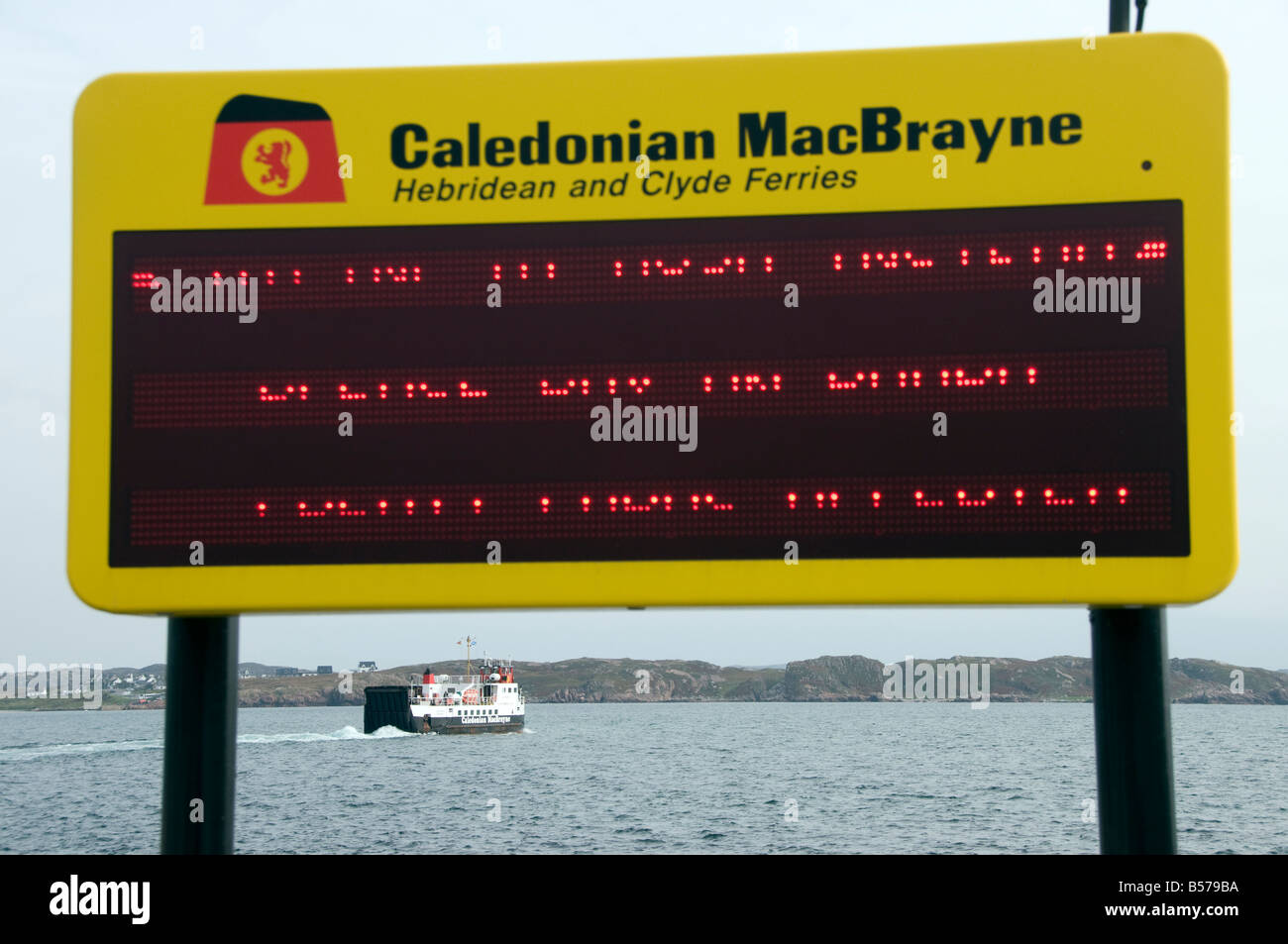 Iona Scotland Ferry Sin with ferry beyond. Stock Photo