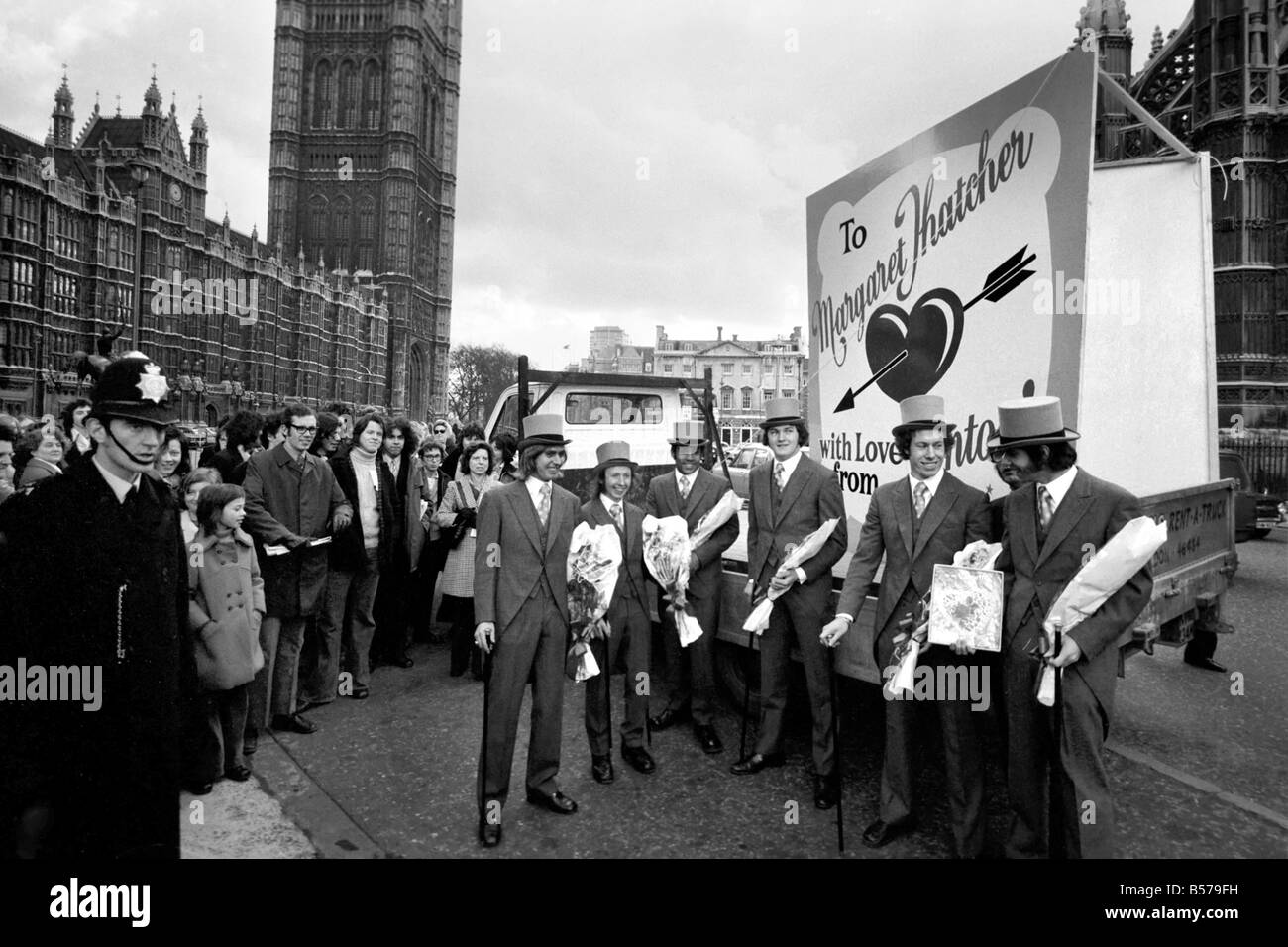 Young Conservatives demonstrate in favour for Mrs Margaret Thatcher in the lead up to the Conservative Leadership campaign. Feb. Stock Photo