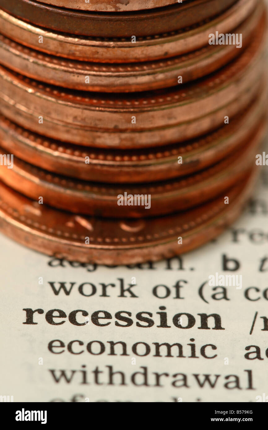 Recession economy pile of money pennies coins Stock Photo