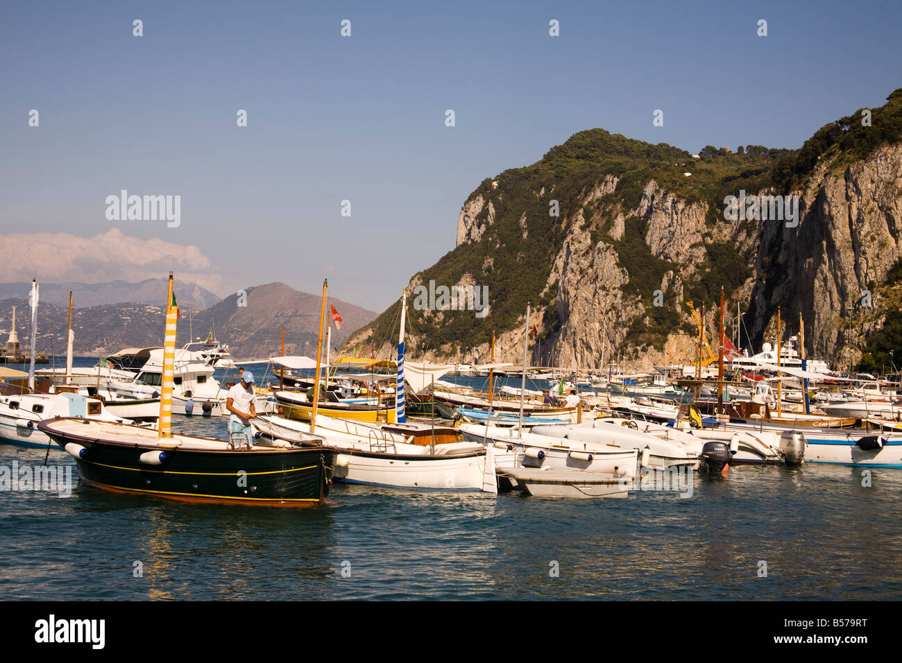 View of harbour and mountains, Marina Grande, Capri, Italy Stock Photo