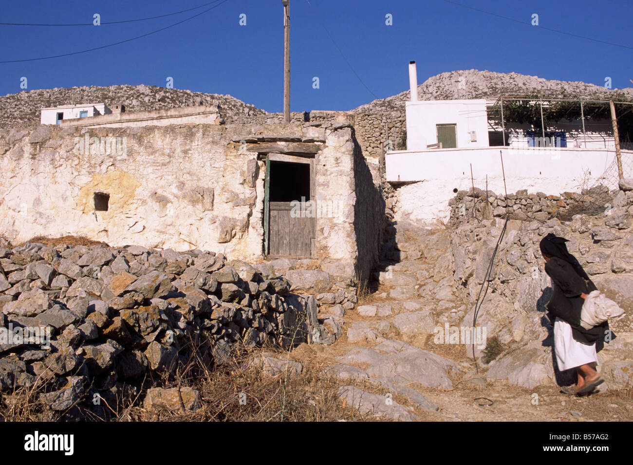 Greece, Dodecanese Islands, Karpathos, Avlona village, greek woman in traditional dress Stock Photo