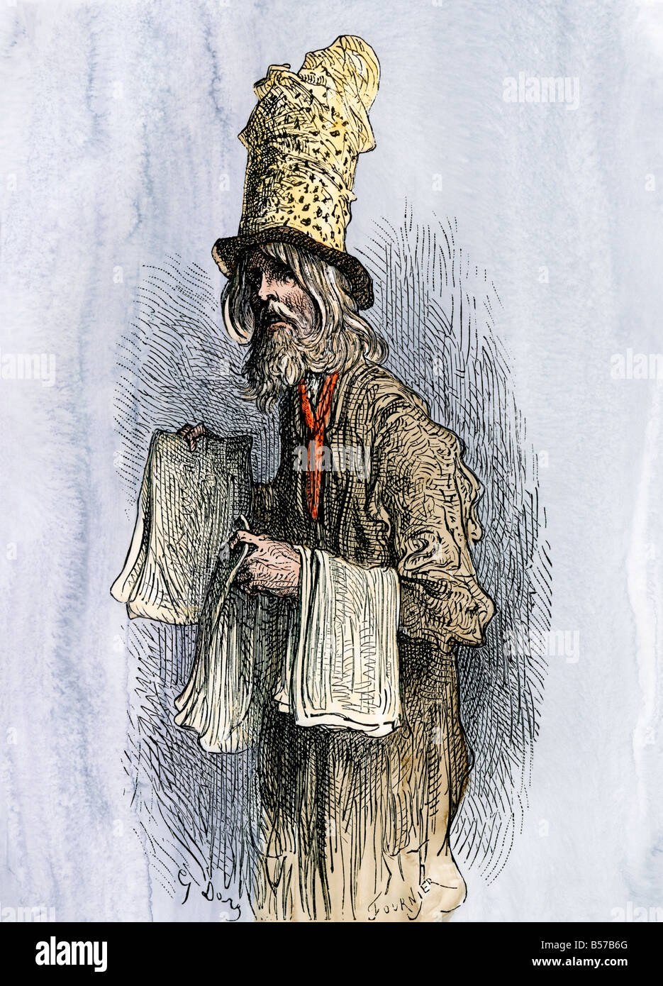 Peddler on a street in London 1800s. Hand-colored woodcut of a Gustave Dore illustration Stock Photo
