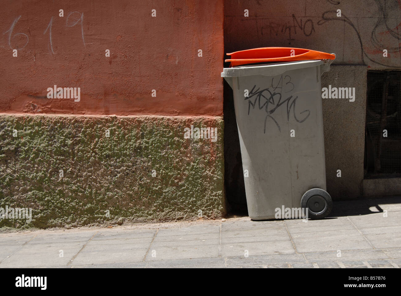 A Wheelie Bin on the Street in Madrid, Spain, Europe Stock Photo