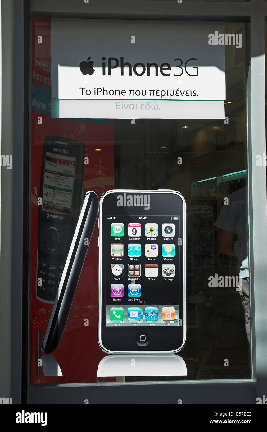An advertising display promotes the new Apple iPhone 3G in the shop in Rethymnon Crete Greece September 2008 Stock Photo