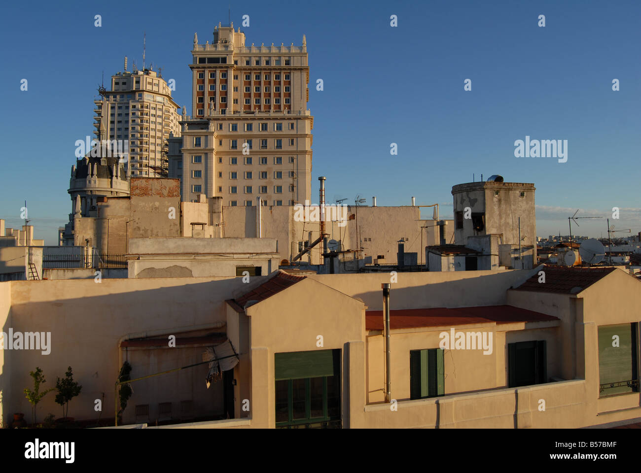Buildings lit by the morning sunlight in Madrid Spain Europe Stock Photo