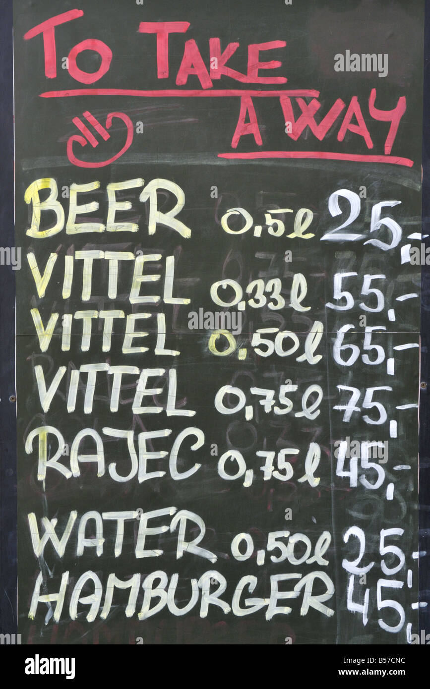 Handwritten list and prices of take away drinks and hamburger Prague Czech Republic Stock Photo
