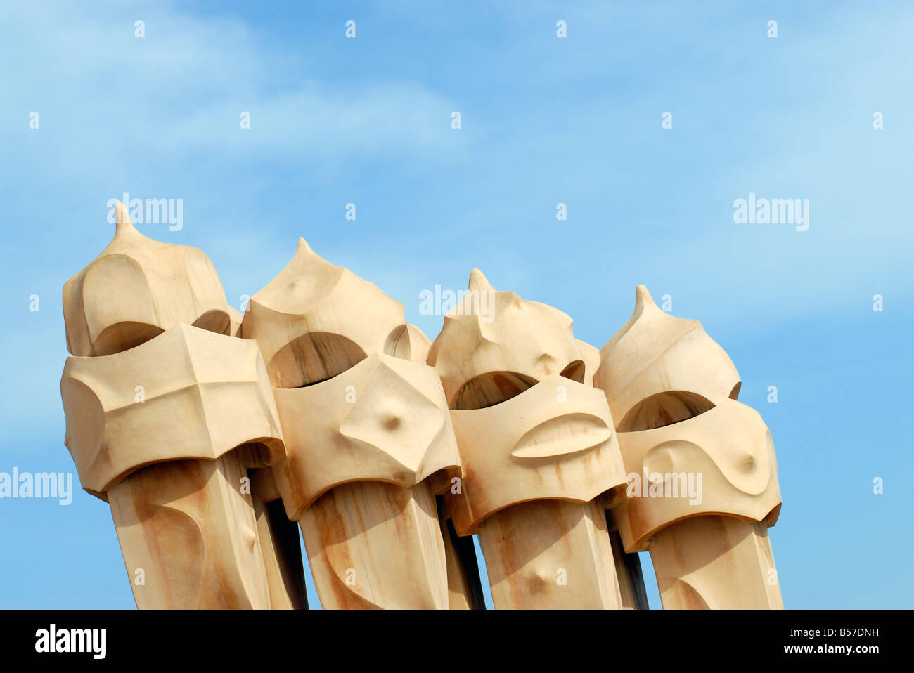 Warrior like Chimneys on Terrace Roof of Casa Mila La Pedrera Building Designed by Antoni Gaudi Barcelona Catalonia Spain Stock Photo