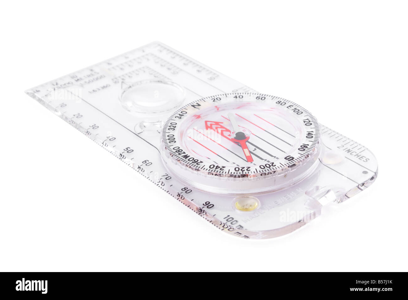 Modern compass with scales and rulers isolated on white Stock Photo