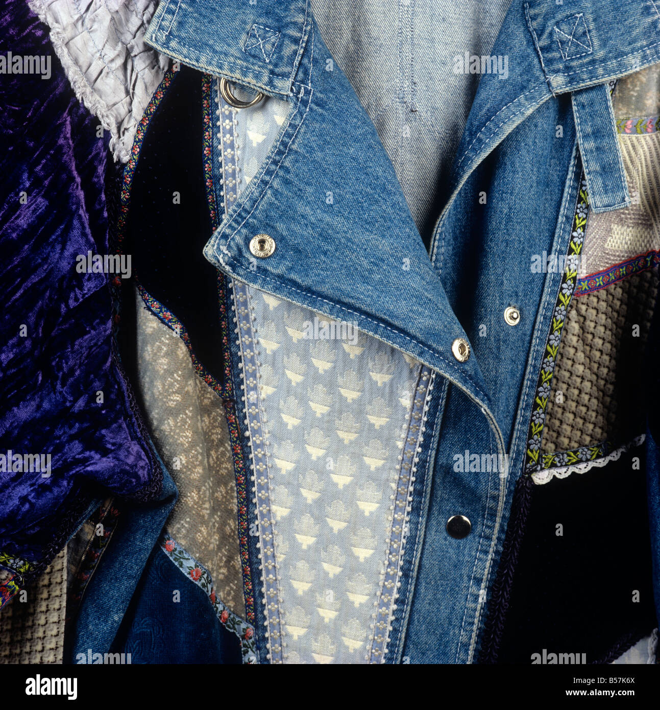Crafts detail of patchwork denim jacket Stock Photo