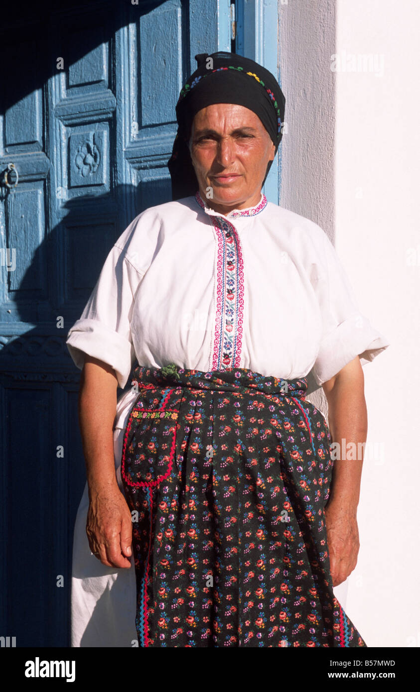Greece, Dodecanese Islands, Karpathos, Avlona, greek woman wearing traditional clothes Stock Photo