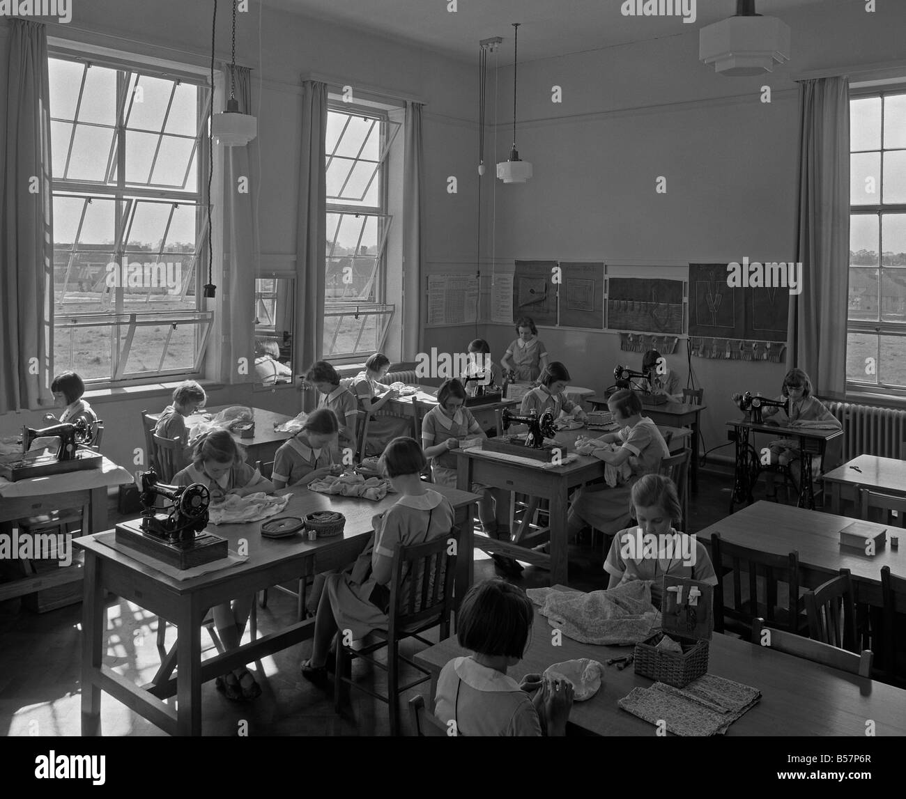 Girls in a sewing class at a school in Leicester, England, c. 1955