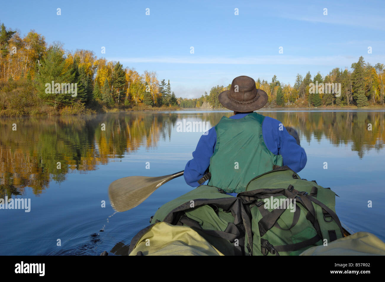 Canoeing on Hoe Lake, Boundary Waters Canoe Area Wilderness, Superior National Forest, Minnesota, United States of America Stock Photo