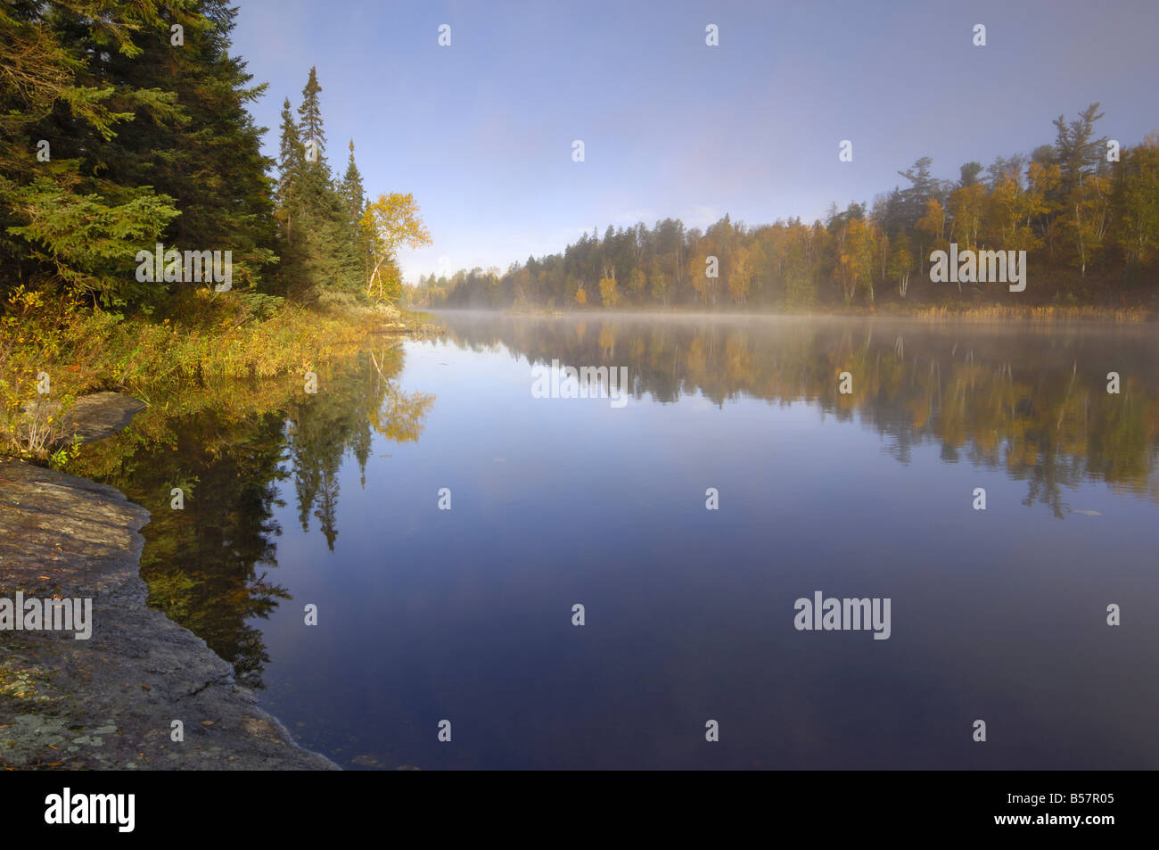 Misty morning on Hoe Lake, Boundary Waters Canoe Area Wilderness, Superior National Forest, Minnesota, United States of America Stock Photo