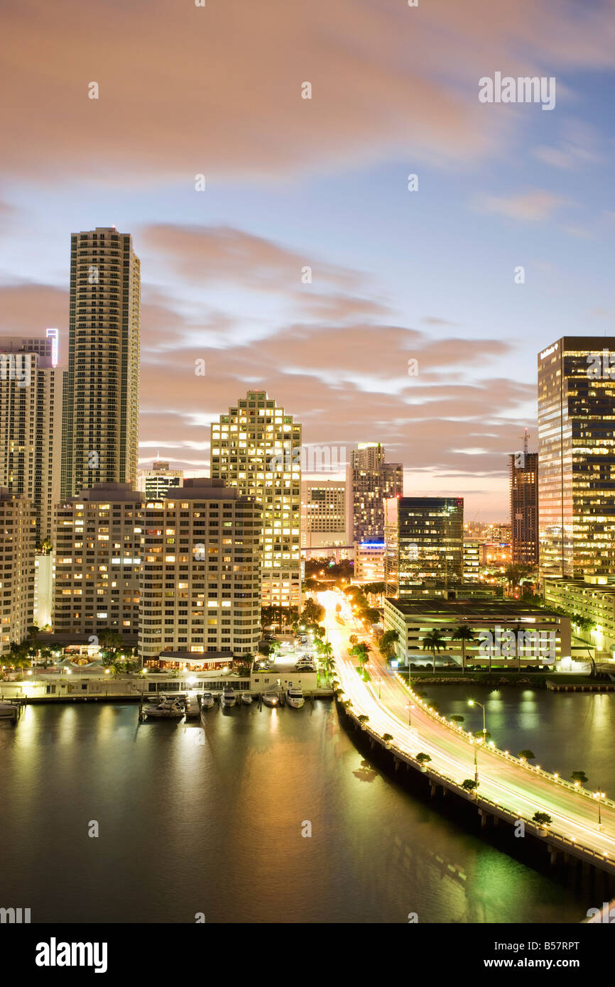 Downtown skyline at dusk, Miami, Florida, United States of America, North America Stock Photo