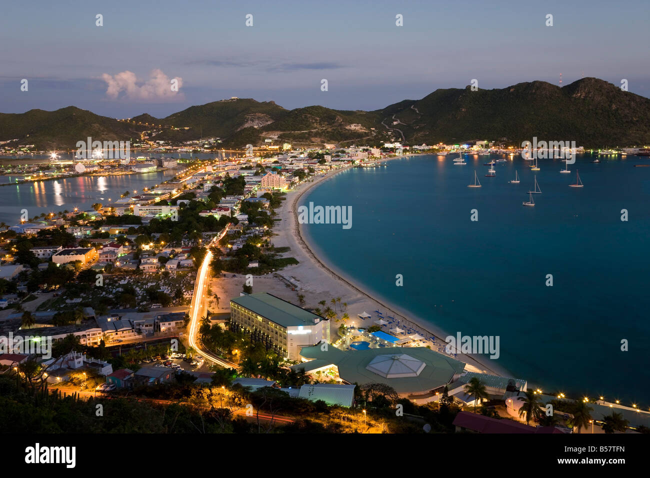 Elevated view over Great Bay and the Dutch capital of Philipsburg, St. Maarten, Netherlands Antilles, Leeward Islands, Caribbean Stock Photo