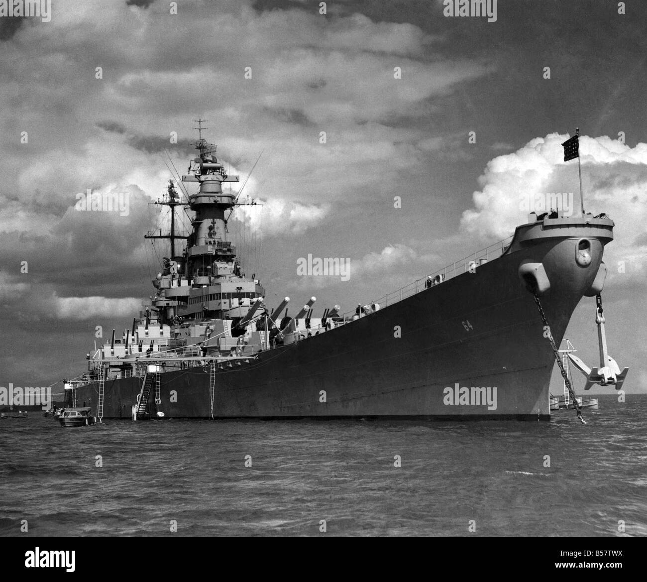 The Iowa class battleship USS Wisconsin, which served in World War Two, comes to anchor in the Firth of Forth early this morning. ;June 1951 ;P004580 Stock Photo