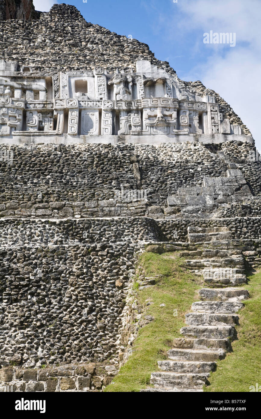 Frieze and steps up to the 130ft high El Castillo, Mayan site, Xunantunich, San Ignacio, Belize, Central America Stock Photo
