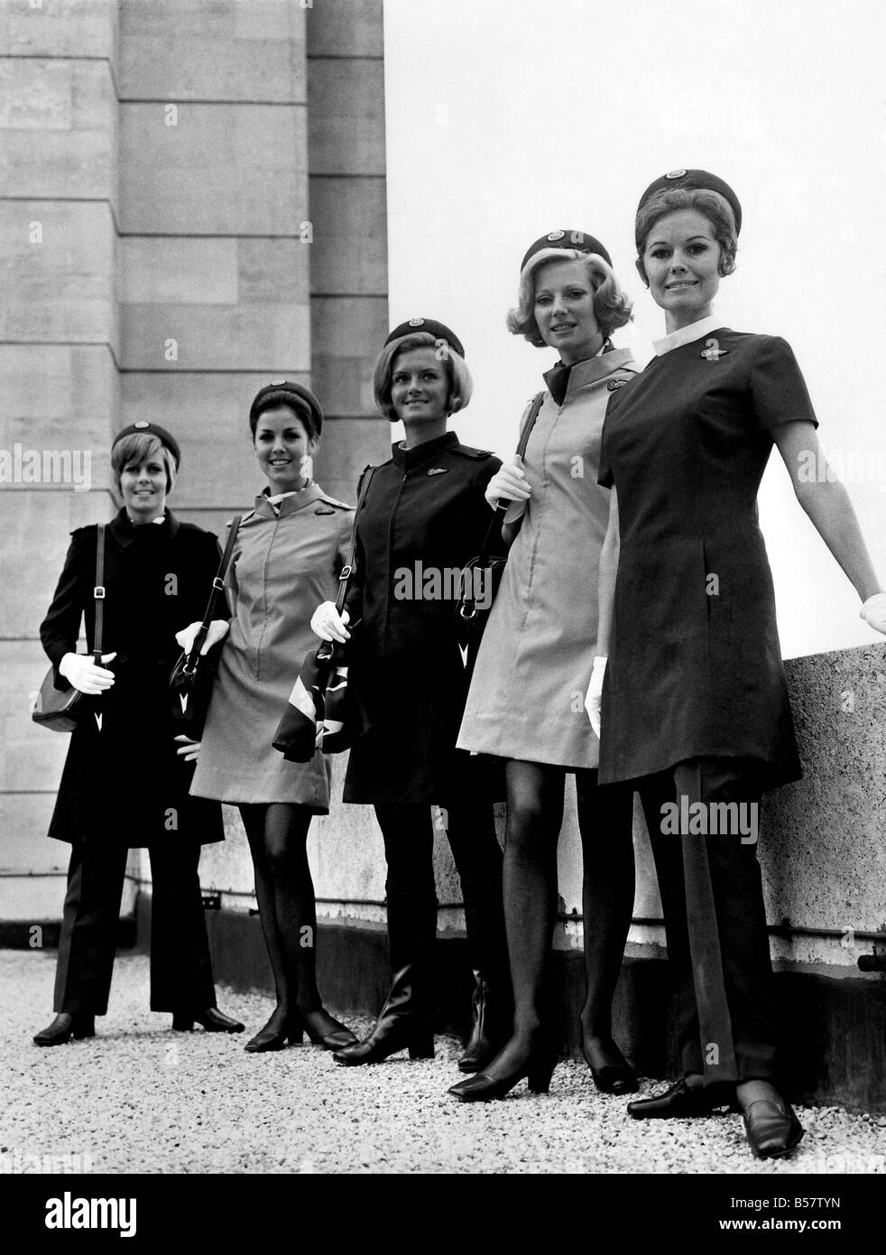 BOAC Air stewardesses line up together at a London airport. &#13;&#10;October 1969 &#13;&#10;P004605 Stock Photo
